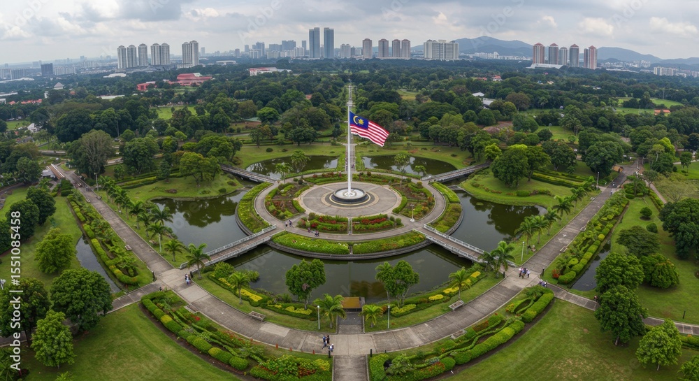 Naklejka premium Aerial View of Merdeka Square in Kuala Lumpur, Malaysia: A Stunning Panorama of Lush Greenery and City Skyline