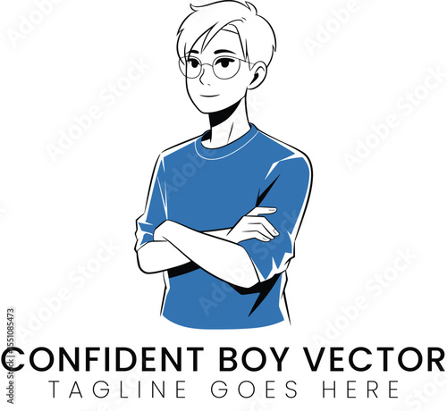 Confident Young Man Blue Shirt Arms Crossed Illustration Portrait Male Figure