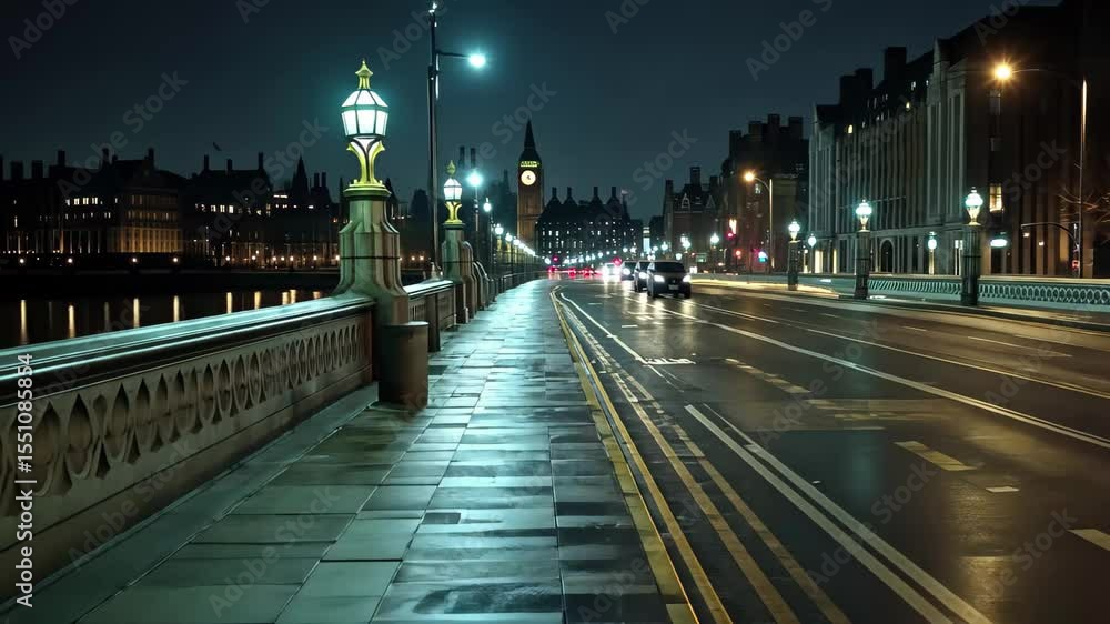 Night timelapse showcasing the serene beauty of Westminster Bridge Road in London, Night timelapse of the Westminster Bridge Road Night timelapse showcasing the serene beauty of Westminster Bridge Road in London, Night timelapse of the Westminster Bridge Road
