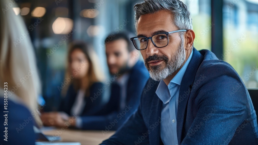 Fototapeta premium A middle-aged man in a suit and tie, seated at a conference table with colleagues, in a modern office setting.