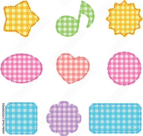 ステッチ付きのカラフルなギンガムチェックフレームイラストセット