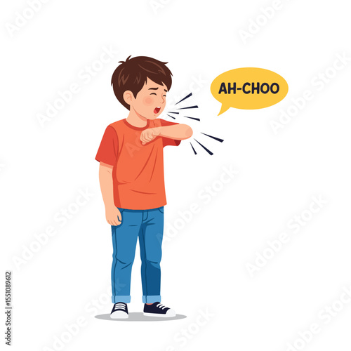 Sneezing Kid: A young child sneezes into his elbow, exemplifying the proper hygiene etiquette to prevent the spread of germs, in a cheerful and vibrant illustration style.
