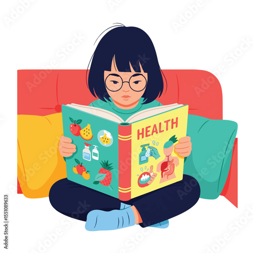 Focused Study: A young individual immerses themself in a vibrant health-themed book, showcasing a focused pursuit of knowledge and learning.