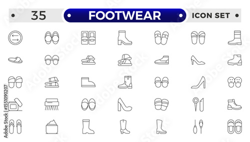 Footwear Outline Icon Set – Sneaker, Running Shoes, Casual and Athletic Styles.