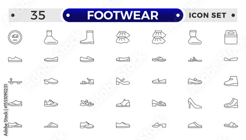 Footwear Outline Icon Set – Sneaker, Running Shoes, Casual and Athletic Styles.