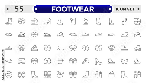 Footwear Outline Icon Set – Sneaker, Running Shoes, Casual and Athletic Styles.
