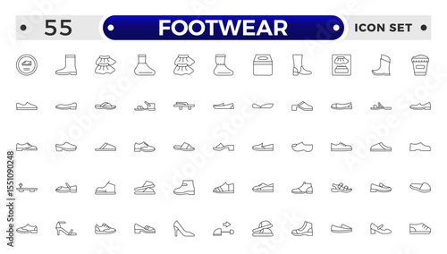 Footwear Outline Icon Set – Sneaker, Running Shoes, Casual and Athletic Styles.