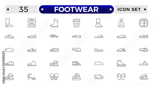 Footwear Outline Icon Set – Sneaker, Running Shoes, Casual and Athletic Styles.