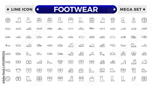 Footwear Outline Icon Set – Sneaker, Running Shoes, Casual and Athletic Styles.