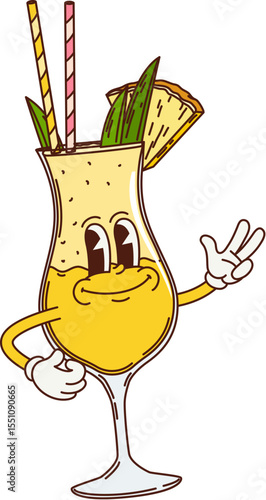 Cartoon retro groovy pina colada cocktail character. Alcohol drink, summer cold beverage vector 60s funny personage. Party tropical cocktail glass with pineapple and paper straw retro groovy character