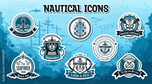Nautical marine badges and labels stickers with vector sea ship anchors and vintage compasses. Marine heraldic shields with anchors, ropes, helms and waves stickers pack at underwater background