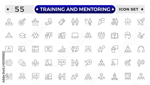Training and Mentoring Outline icon collection set. Containing development, learning, workshop, coach, mentor, curriculum, seminar icon.