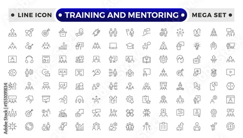 Training and Mentoring Outline icon collection set. Containing development, learning, workshop, coach, mentor, curriculum, seminar icon.
