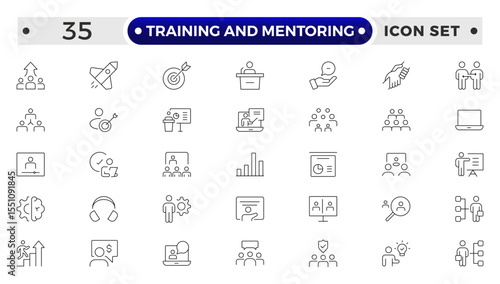Training and Mentoring Outline icon collection set. Containing development, learning, workshop, coach, mentor, curriculum, seminar icon.