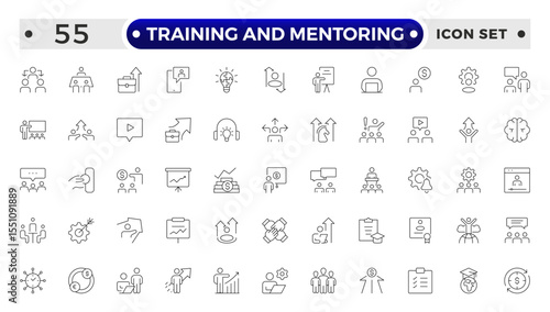 Training and Mentoring Outline icon collection set. Containing development, learning, workshop, coach, mentor, curriculum, seminar icon.