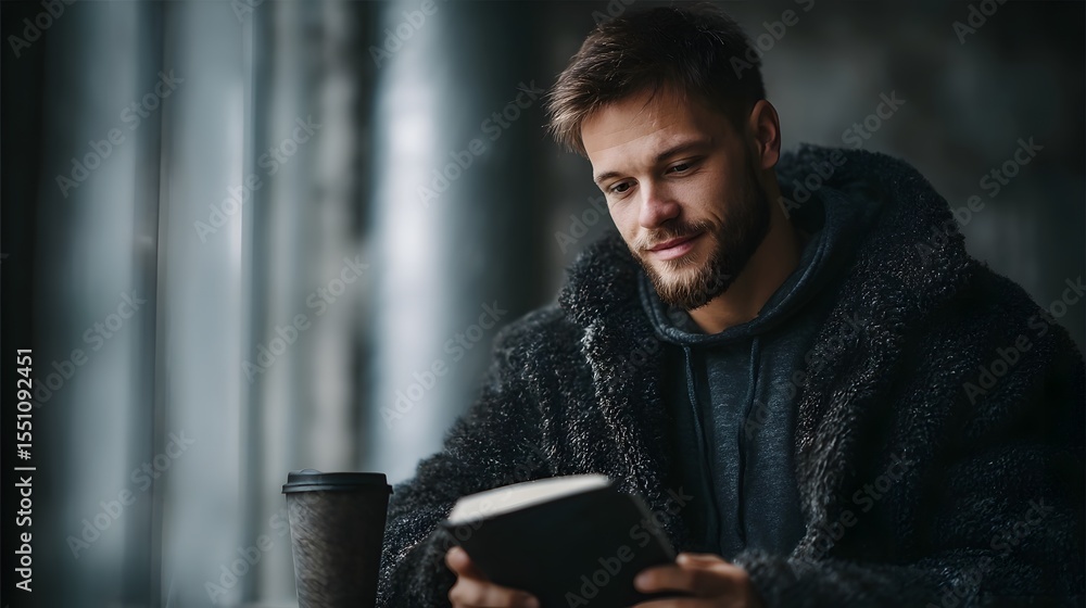 A man reading an ebook on a tablet while enjoying a cup of coffee A man reading an ebook on a tablet while enjoying a cup of coffee