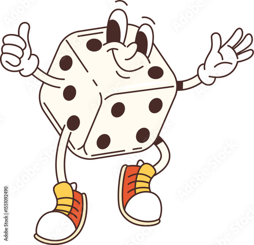 Groovy casino dice character. Gambling fortune and risk cute 80s personage, dice rolling boardgame isolated vector hippie mascot. Casino dice cube cheerful groovy characters showing thumb up gesture
