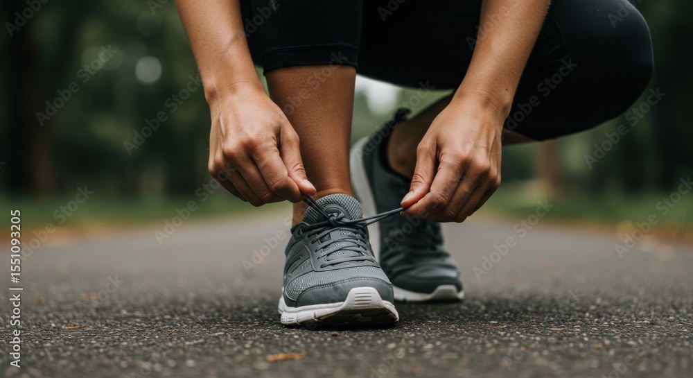 Obraz premium Runner's Hands Tying Shoelaces on Asphalt Path, Forest Background