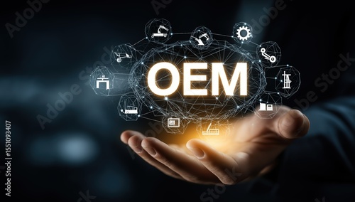 Digital - style visual of OEM concept in hand, surrounded by connected industrial and technological icons on a dark - toned background. Ideal for business, technology