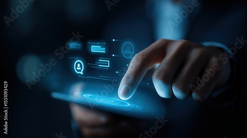 Hand touching tablet with glowing digital icons for tech - related uses and digital interfaces 