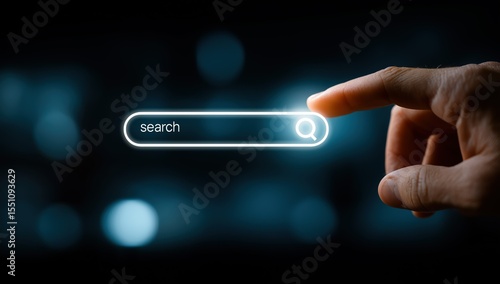 Digital - hand touching illuminated search bar on dark, bokeh - filled background for web, app design use 