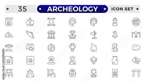 Archeology Outline icon set. Historical line icon. Contain linear symbols exhibition, antiquity, art, old, archaeologic, heritage and more. Antiques modern icon. Minimalist icons collection.