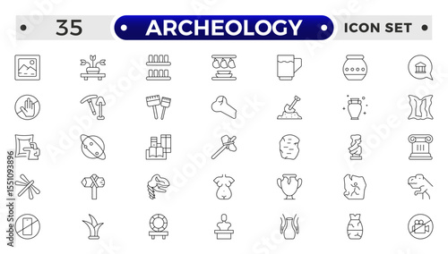 Archeology Outline icon set. Historical line icon. Contain linear symbols exhibition, antiquity, art, old, archaeologic, heritage and more. Antiques modern icon. Minimalist icons collection.