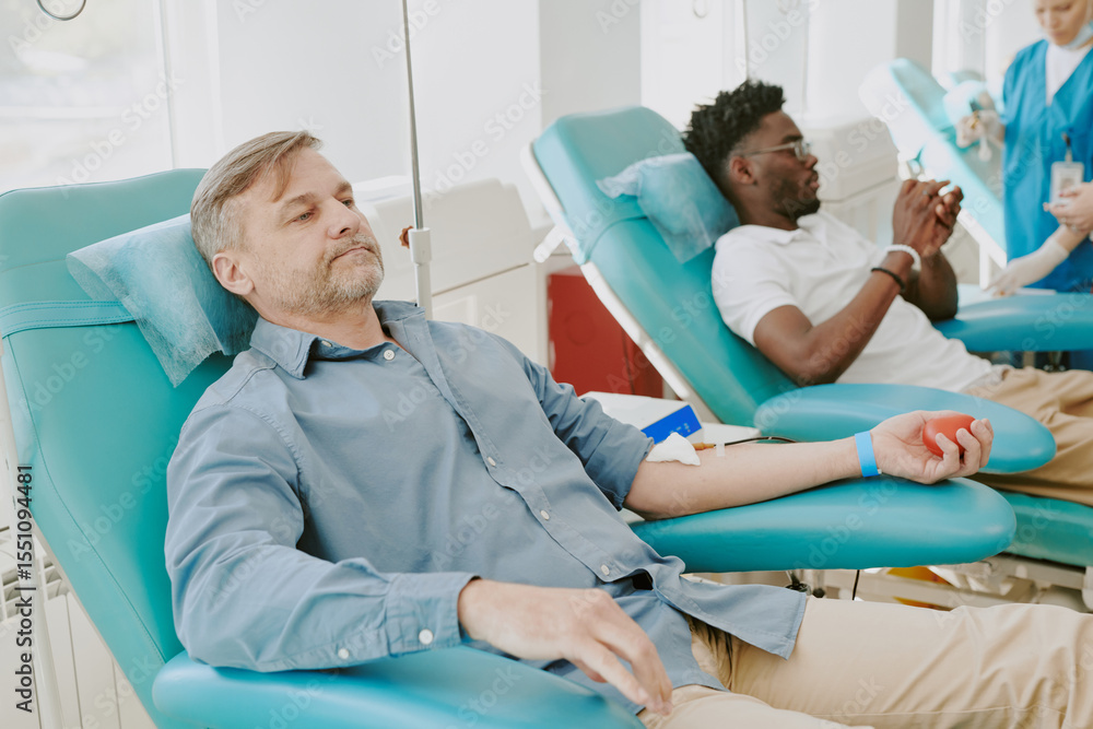 Obraz premium Middle aged Caucasian man and young Black man donating blood while reclining in medical chairs, both connected to intravenous lines, healthcare worker preparing equipment in background