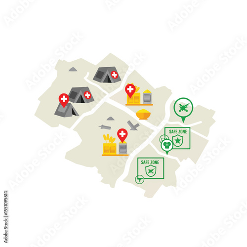 Emergency Relief Map: A detailed illustration of a disaster response plan, with key locations marked for aid, shelter, and safety zones, symbolizing preparedness and community support.