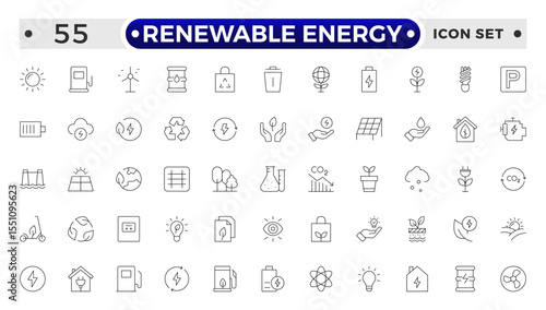 Renewable energy Outline icon set. Energy, efficiency, solar energy, green, sunlight, wind, and water outline icon collection. UI thin outline icon pack.