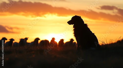 Silhouette of a Shepherd Dog Watching Sheep at Sunset