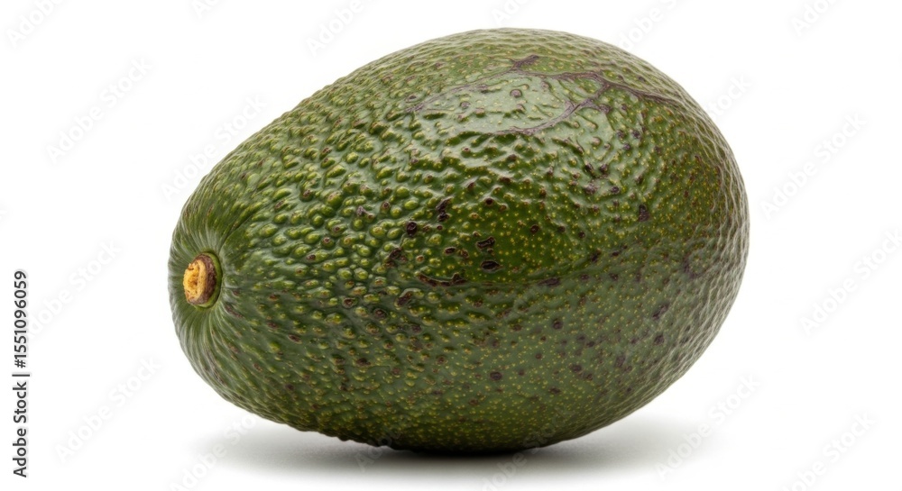 A fresh whole green avocado with bumpy skin isolated on a white background showing its natural shape and texture A fresh whole green avocado with bumpy skin isolated on a white background showing its natural shape and texture