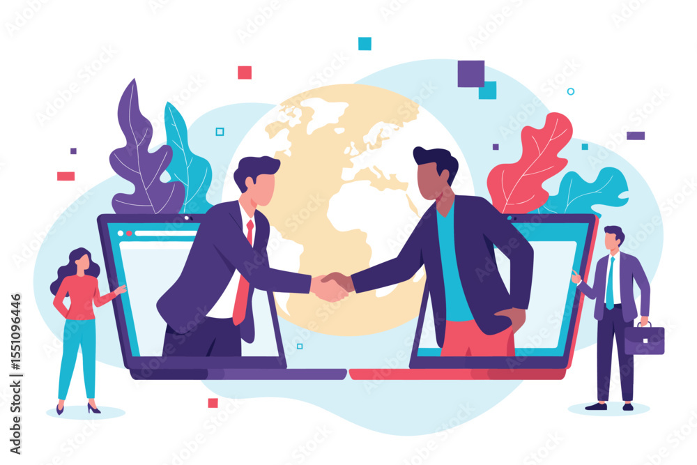 Fototapeta premium Global Business Connection Flat Design with Minimalist Characters