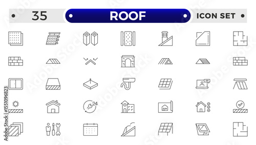 Roof Outline icons set. Construction and roofing repair of the roof of the house. Property and characteristics of different types of roofs. Layers of materials, tools, linear icon.
