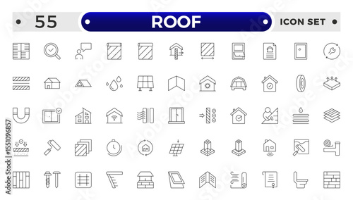 Roof Outline icons set. Construction and roofing repair of the roof of the house. Property and characteristics of different types of roofs. Layers of materials, tools, linear icon.