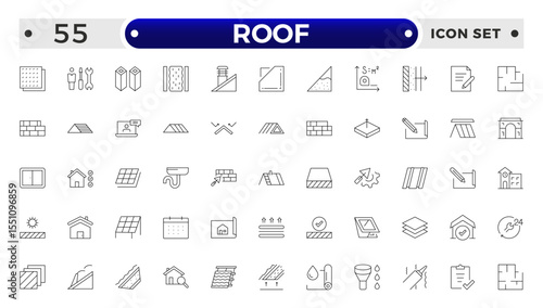 Roof Outline icons set. Construction and roofing repair of the roof of the house. Property and characteristics of different types of roofs. Layers of materials, tools, linear icon.