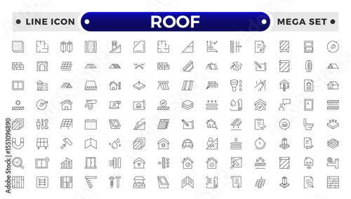 Roof Outline icons set. Construction and roofing repair of the roof of the house. Property and characteristics of different types of roofs. Layers of materials, tools, linear icon.