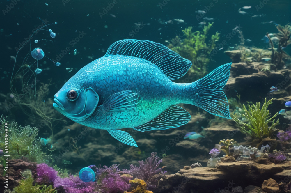 Fototapeta premium Vibrant Blue Fish Swimming in Colorful Coral Reef. Generative AI.