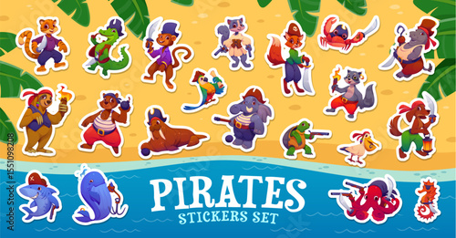 Cartoon animal pirate and corsair characters sticker pack on treasure island beach vector background. Cute shark, whale, hippo and crocodile, elephant, cat and dog animal pirates with hats and swords