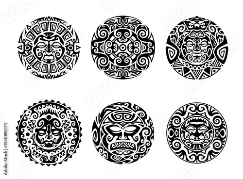 Maori tribal tattoos with polynesian circle pattern of vector sun, hawaiian totem mask and warrior round faces. Polynesian ethnic ornaments of circular geometric motif, maori tribal monochrome tattoos