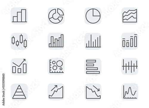 Trade service, analytics, stock indices, market segments, stock growth. Concept editable stroke outline icons set isolated on white background flat vector illustration.