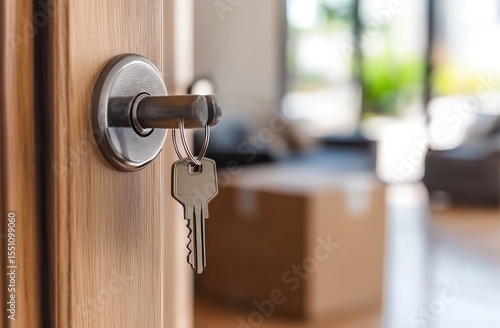 A key in a door lock, with a blurred interior view beyond