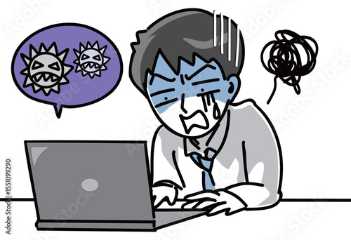 PCのウィルスに気付く若いビジネスマンのベクターイラスト