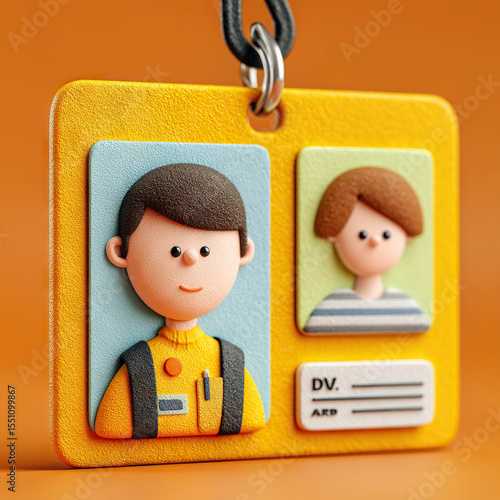 Colorful 3D rendered ID badge with cartoon style portraits, vibrant yellow background, and playful design