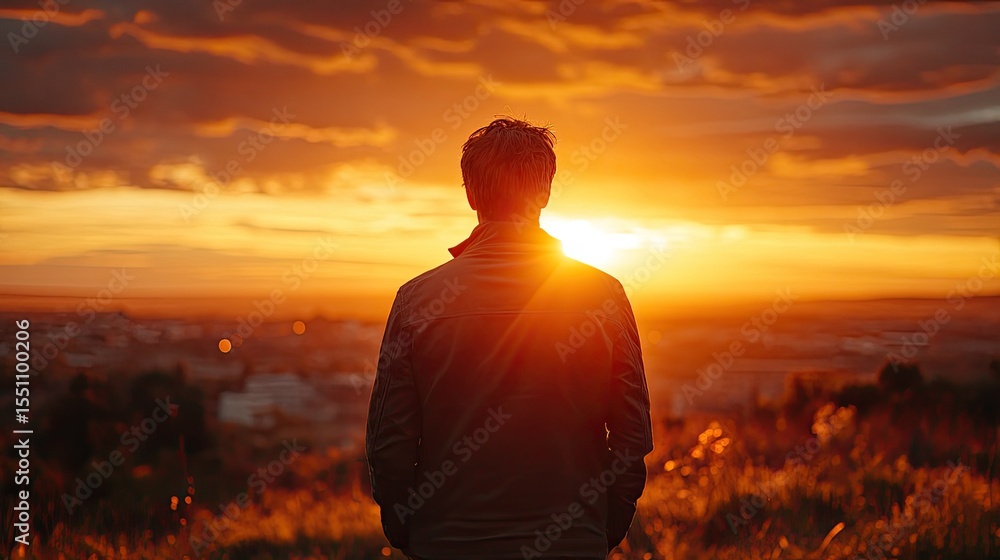 Man gazes at sunset, reflecting on the moment, with warm light illuminating his silhouette. Man gazes at sunset, reflecting on the moment, with warm light illuminating his silhouette.