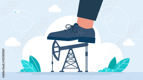 A businessman or politician puts his foot down on the oil industry. Petroleum industry crude oil extraction and removing pumpjack installation. Vector illustration