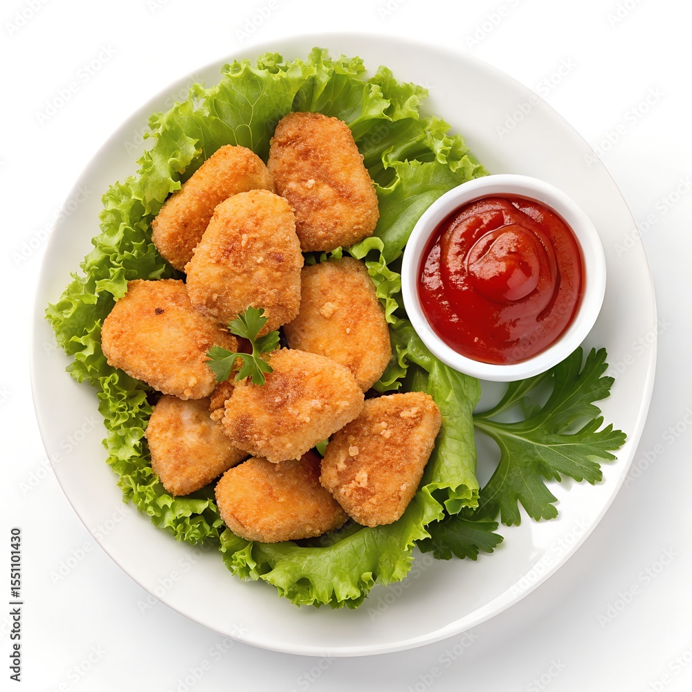 Crispy chicken nuggets with ketchup and lettuce isolated on white background Crispy chicken nuggets with ketchup and lettuce isolated on white background