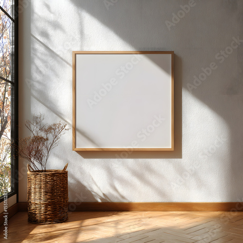 Square frame mockup on a wall in a sunlit room with a plant