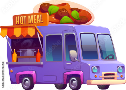 Cartoon food truck or vintage festival street foodtruck with hot meals, vector car van. Street food truck or vendor kiosk booth with hot dishes for street market and meat fast food festival foodtruck