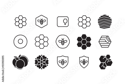 Collection of bee and honeycomb icons and symbols for design